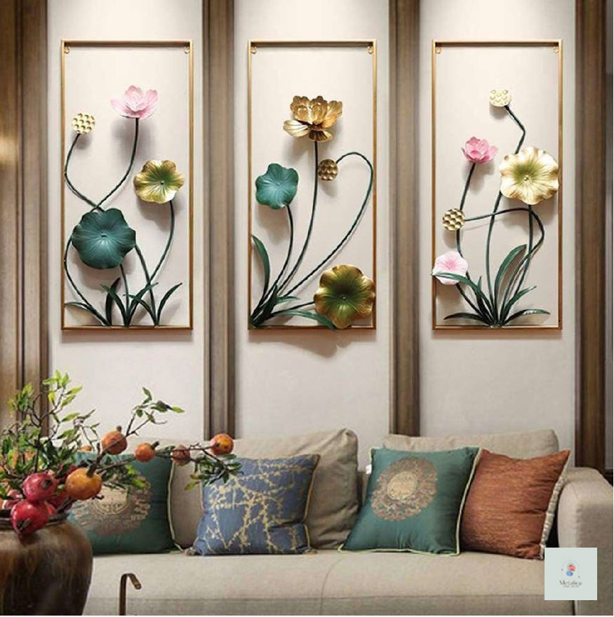 3-piece metal lotus wall art set, 33x18 inch modern vertical floral sculpture in gold, green, and pink for living room wall decor.
