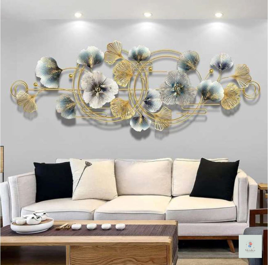 28x24 modern metal ginkgo and floral wall art, luxury gold and blue abstract sculpture for living room decor.