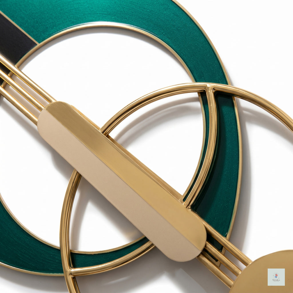 48x24 modern geometric metal wall art, abstract sculpture with gold, teal, and black circles for living room decor.