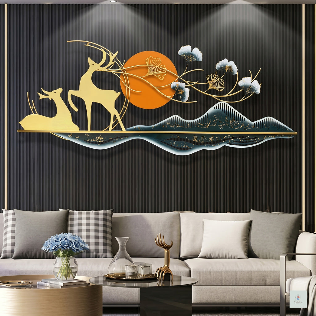 48x24 large modern metal deer landscape wall art, luxury gold and orange mountain sculpture for living room decor.