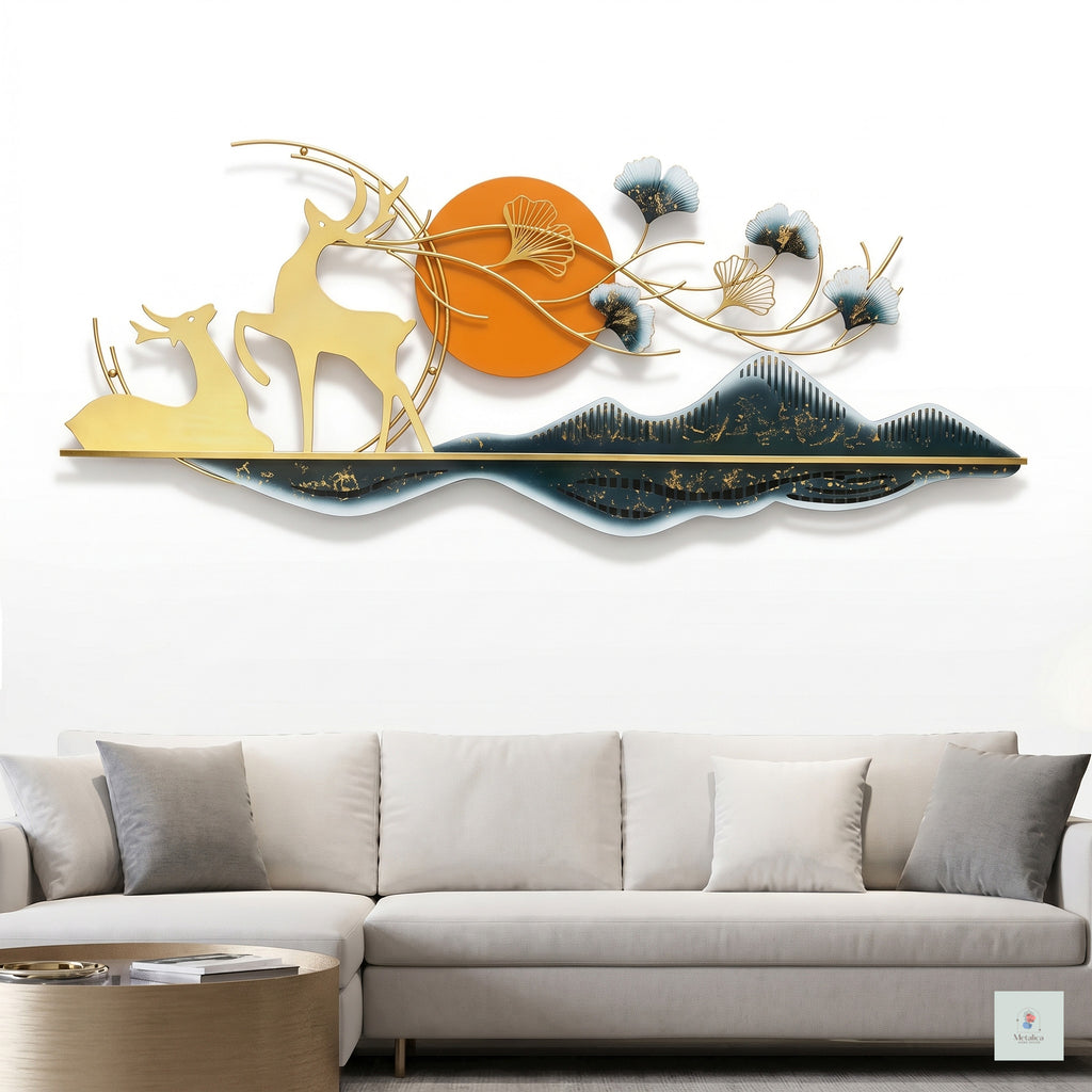 48x24 large modern metal deer landscape wall art, luxury gold and orange mountain sculpture for living room decor.