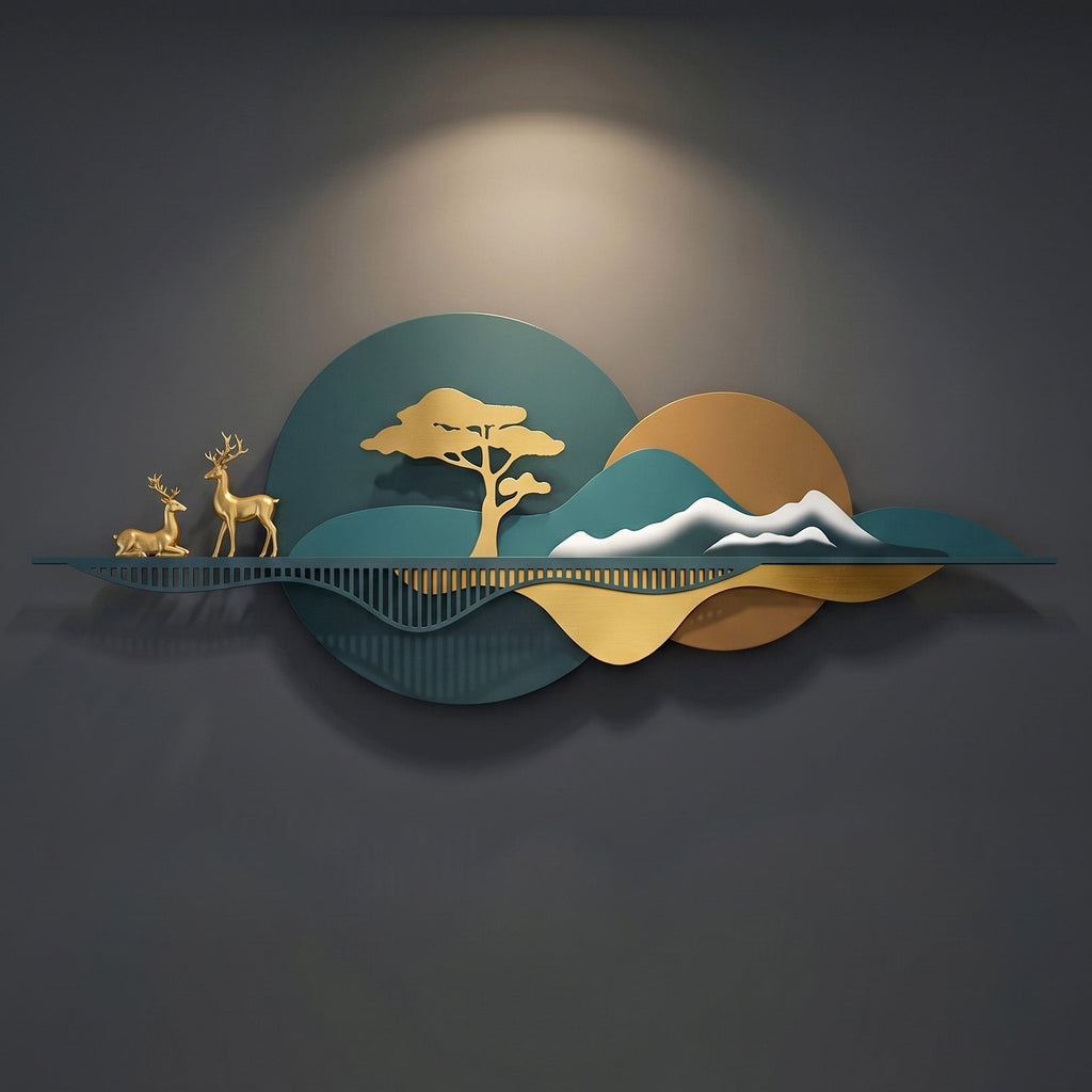 48x24 modern metal deer landscape wall art, abstract mountain and sunset sculpture with gold deer and tree for living room decor.