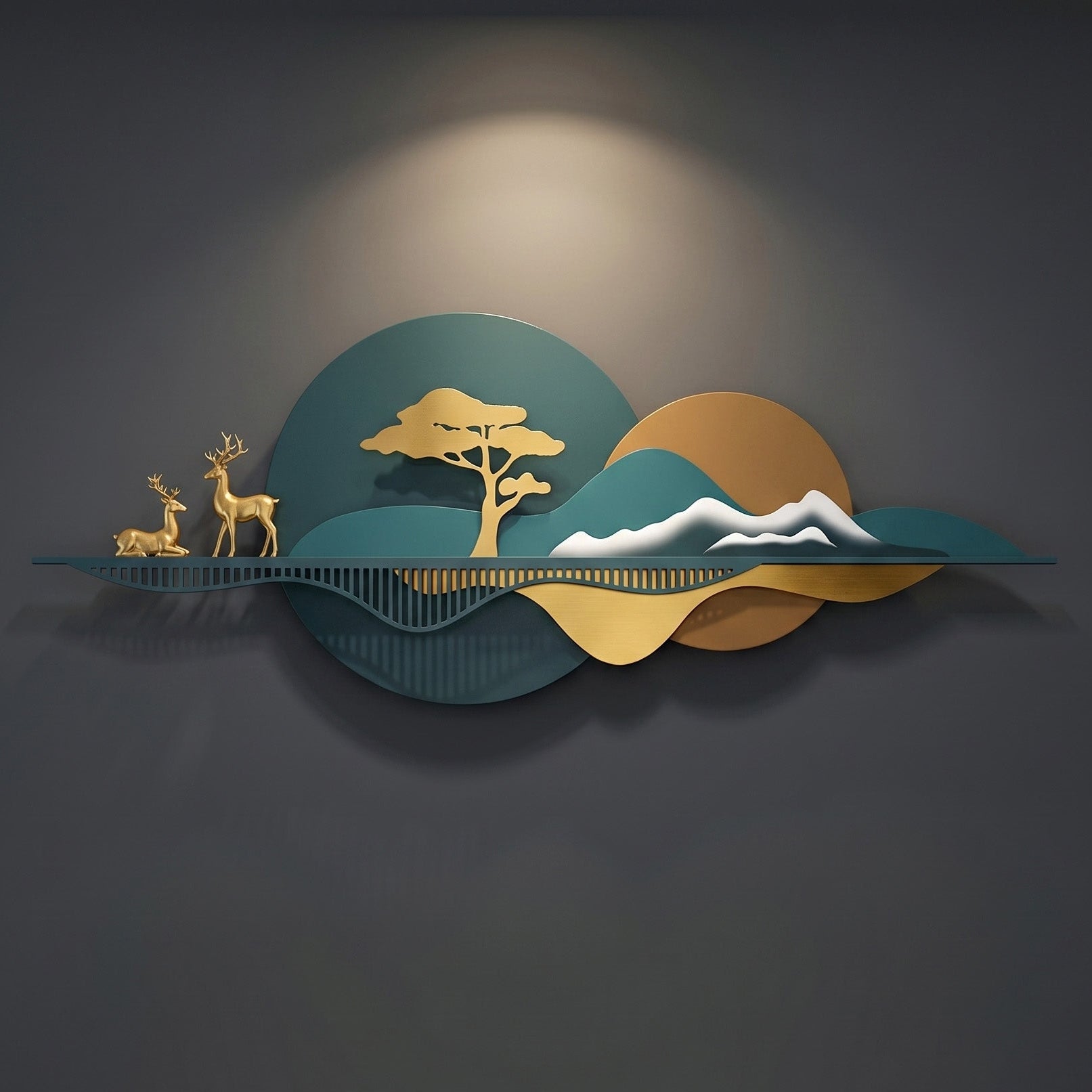 48x24 modern metal deer landscape wall art, abstract mountain and sunset sculpture with gold deer and tree for living room decor.