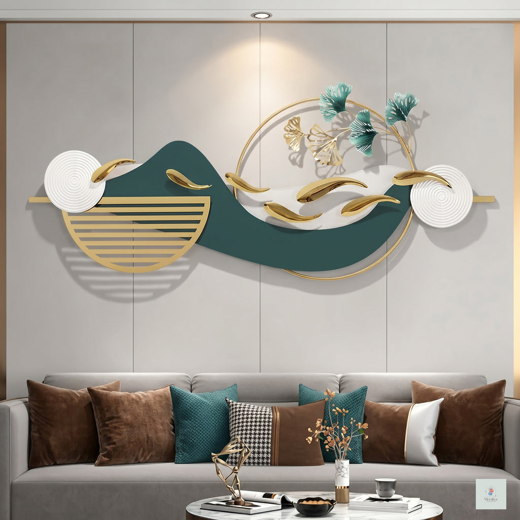48x24 modern metal koi fish landscape wall art, Zen gold and teal sculpture with ginkgo leaves for living room decor.
