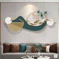 48x24 modern metal koi fish landscape wall art, Zen gold and teal sculpture with ginkgo leaves for living room decor.