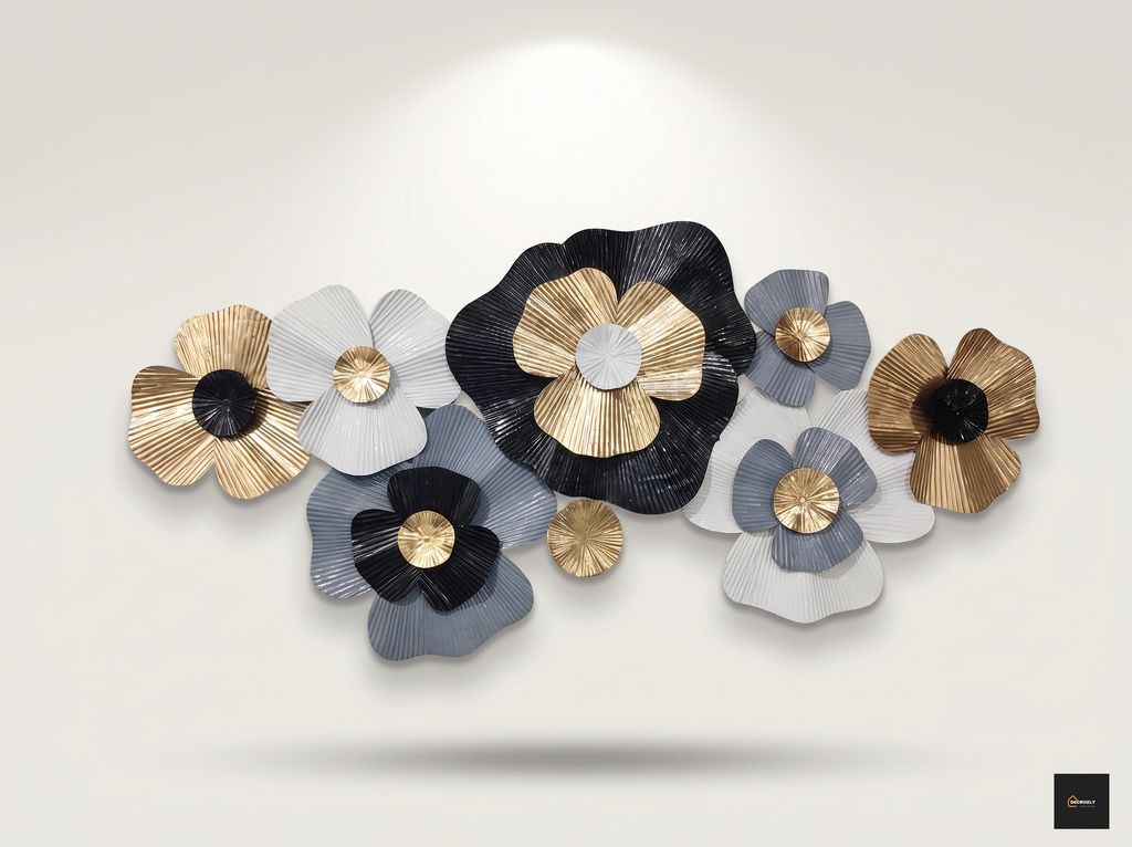 Multi-Tone Metal Flower Wall Art Decor | 2x4 Ft (60x120 cm) 3D Floral Wall Sculpture | Black, Grey, White & Gold Botanical Wall Hanging for Living Room, Bedroom & Entryway | Geometcir | Nature |