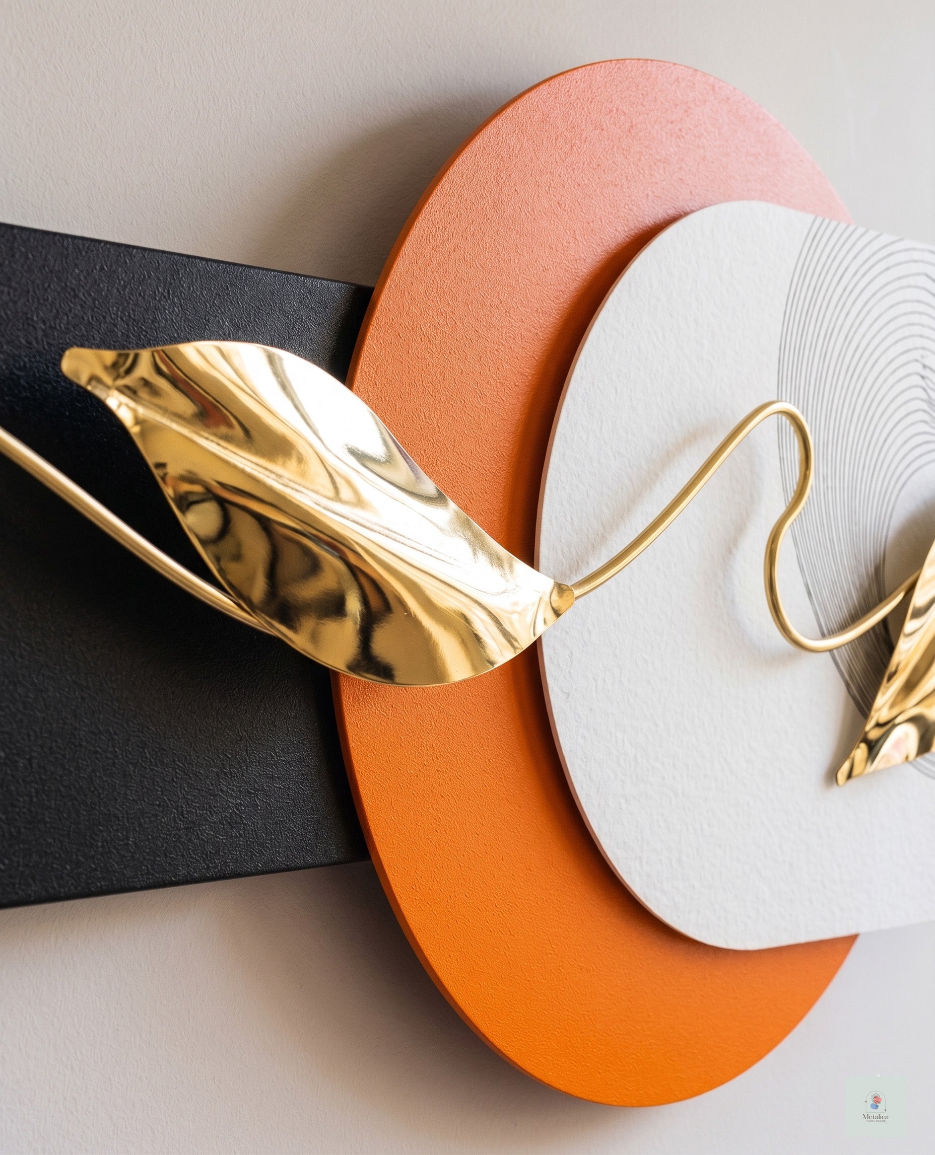 22x48 modern geometric metal wall art, abstract orange, white, and black sculpture with gold leaves for living room decor.