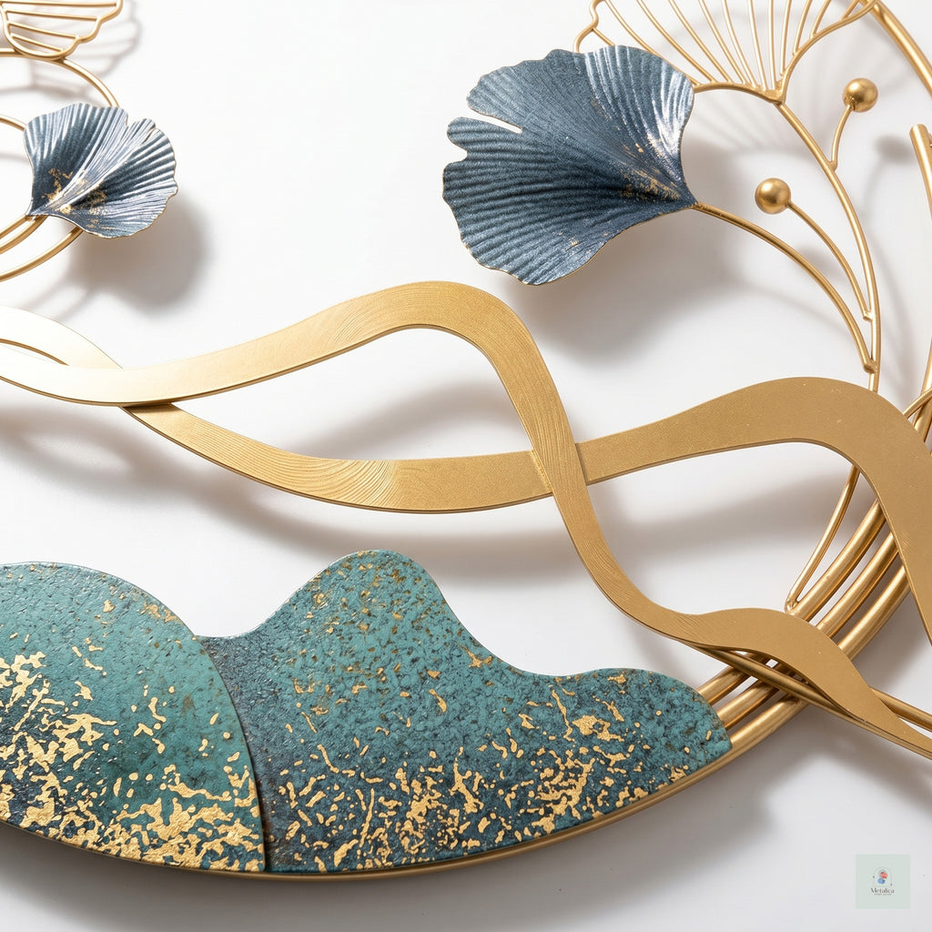 24x48 modern metal circular landscape wall art, gold and teal abstract sculpture with ginkgo leaves and mountain silhouette for living room decor.