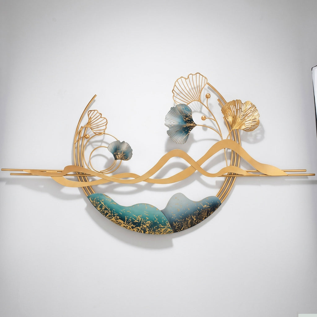 24x48 modern metal circular landscape wall art, gold and teal abstract sculpture with ginkgo leaves and mountain silhouette for living room decor.