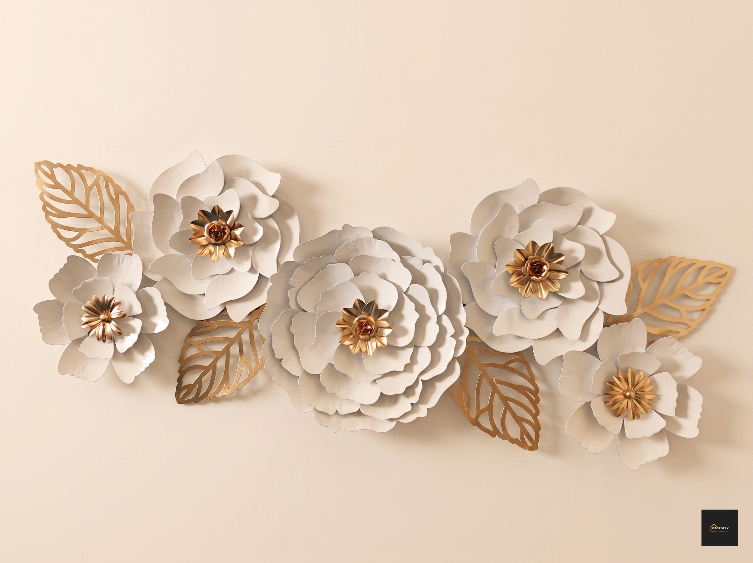 White & Gold Metal Rose Wall Art Decor | 2x4 Ft (60x120 cm) 3D Layered Floral Wall Sculpture | Ivory Peony Flower & Gold Leaf Wall Hanging for Living Room, Bedroom & Entryway | Geometric | Nature |