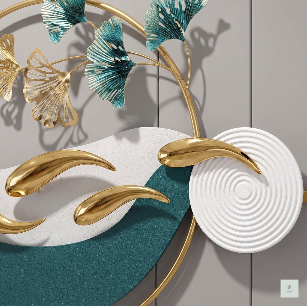 48x24 modern metal koi fish landscape wall art, Zen gold and teal sculpture with ginkgo leaves for living room decor.