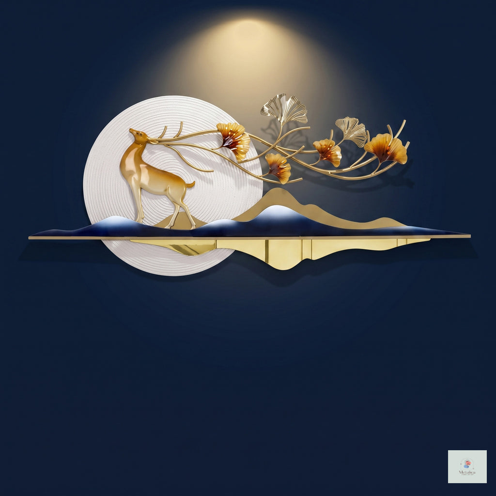 Modern metal deer landscape wall art, 44x18 inch nature-inspired sculpture with gold and blue accents for living room decor.