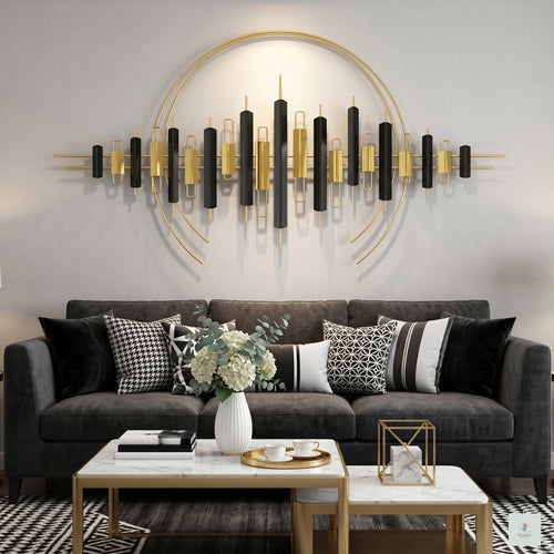 28x48 modern geometric metal wall art, abstract black and gold equalizer-style sculpture for living room decor.