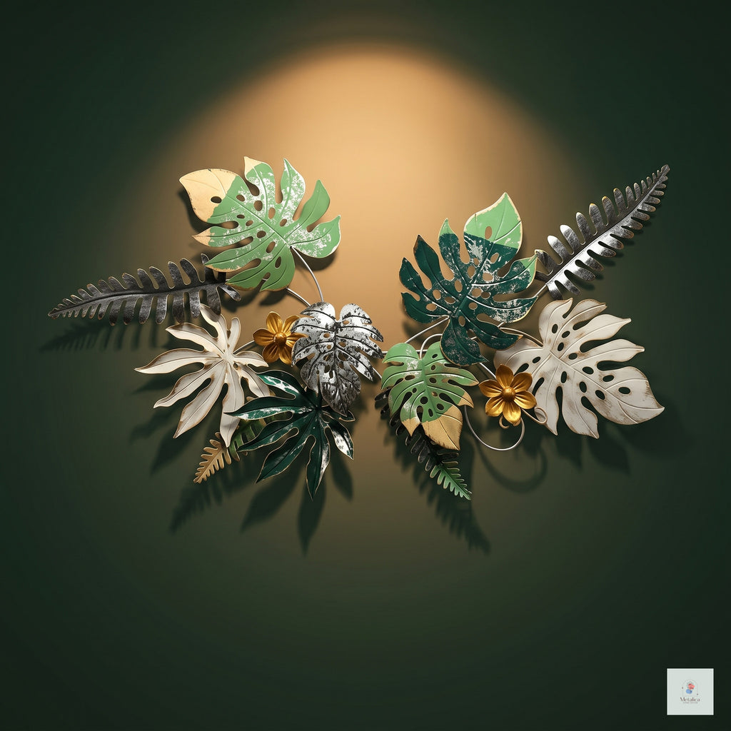 28x52 large tropical metal wall art, botanical Monstera and fern leaf sculpture in green, gold, and silver for bedroom and living room decor.