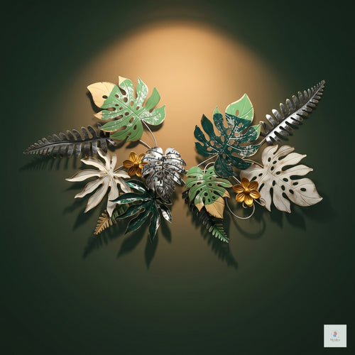 28x52 large tropical metal wall art, botanical Monstera and fern leaf sculpture in green, gold, and silver for bedroom and living room decor.