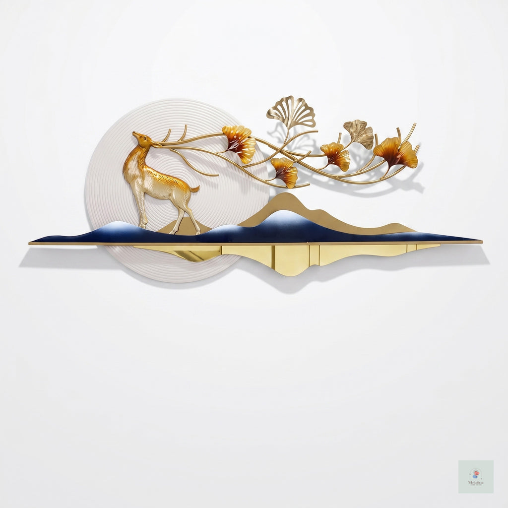 Modern metal deer landscape wall art, 44x18 inch nature-inspired sculpture with gold and blue accents for living room decor.