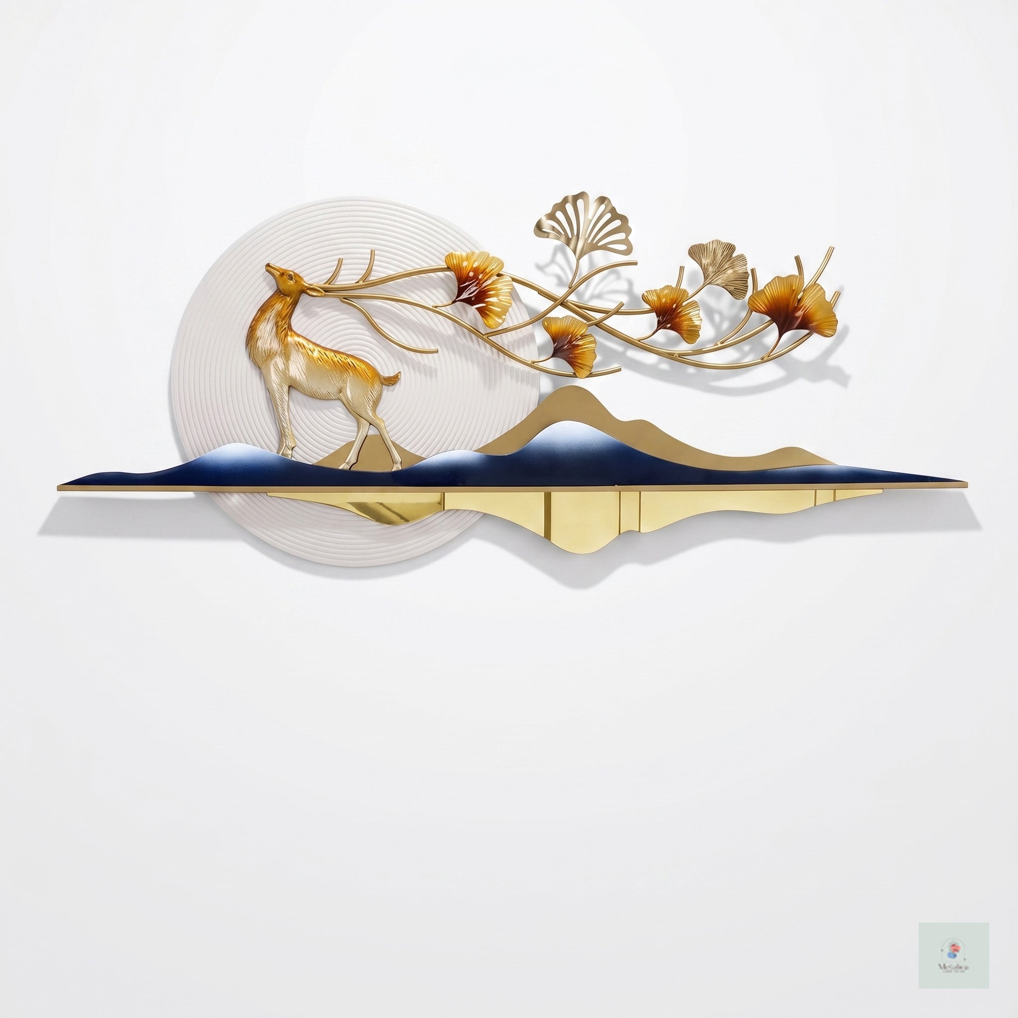Modern metal deer landscape wall art, 44x18 inch nature-inspired sculpture with gold and blue accents for living room decor.
