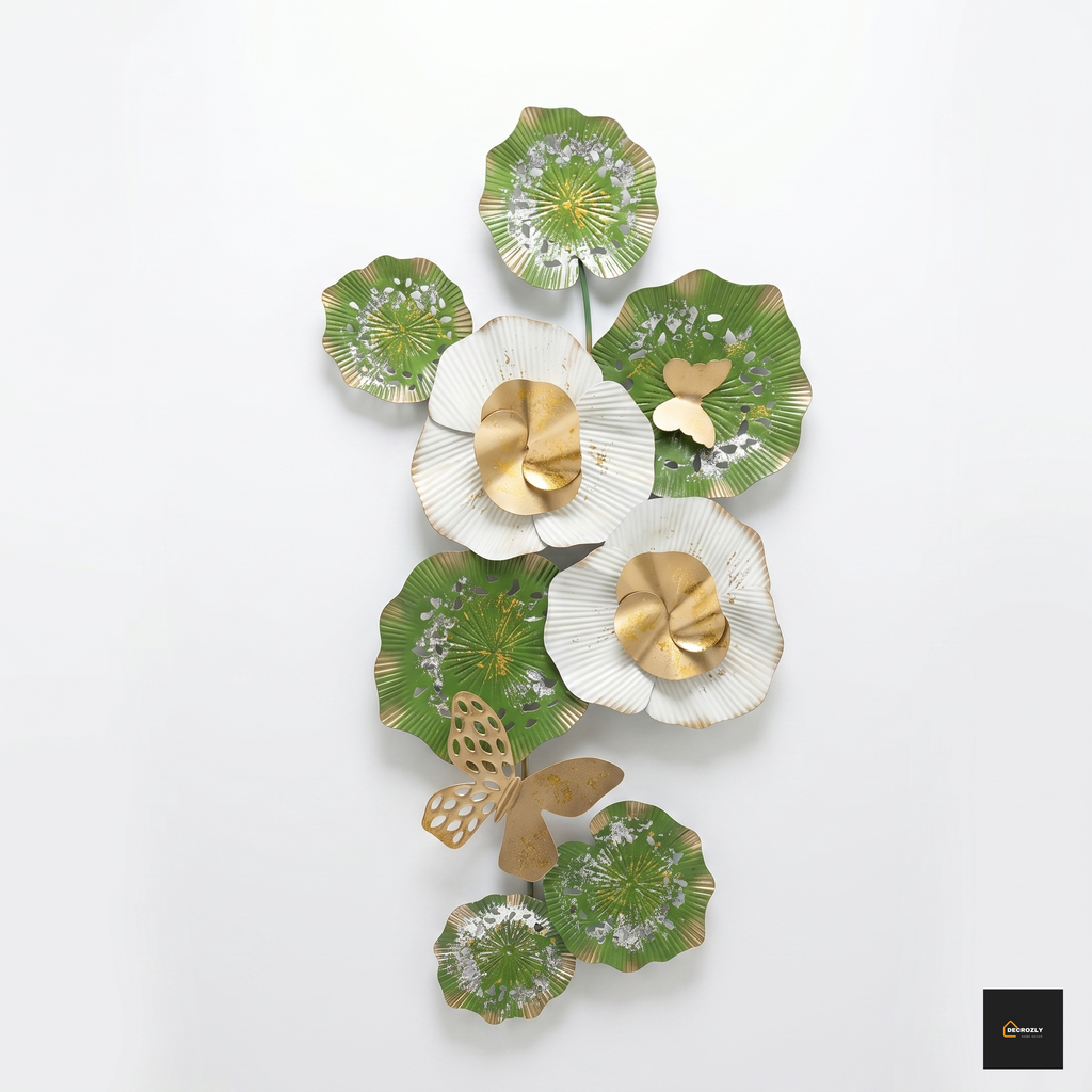 Decorative wall art with green and gold floral patterns on a white background