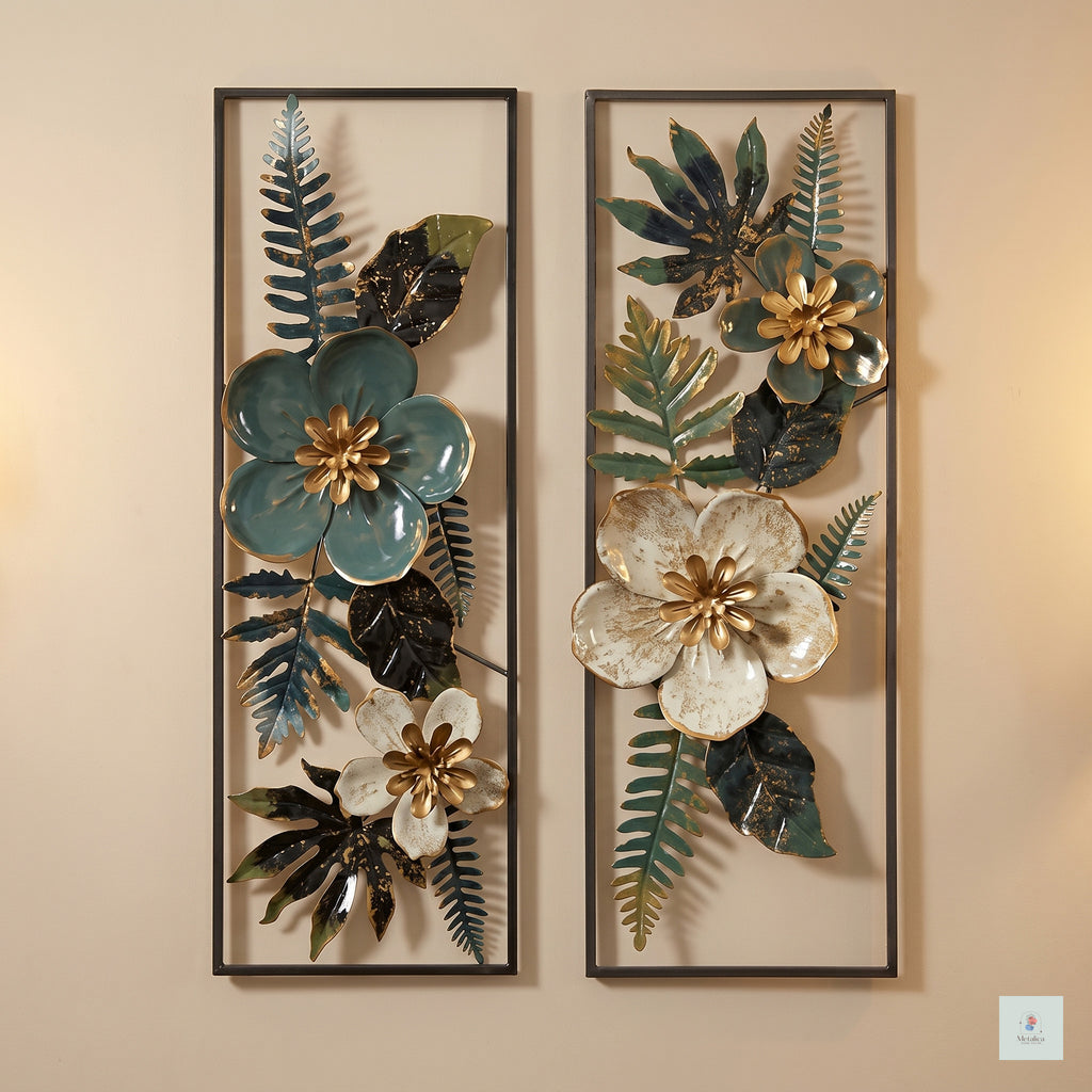 2-piece modern metal floral wall art set, 24x21 inch botanical sculpture with teal, cream, and gold flowers for living room decor.