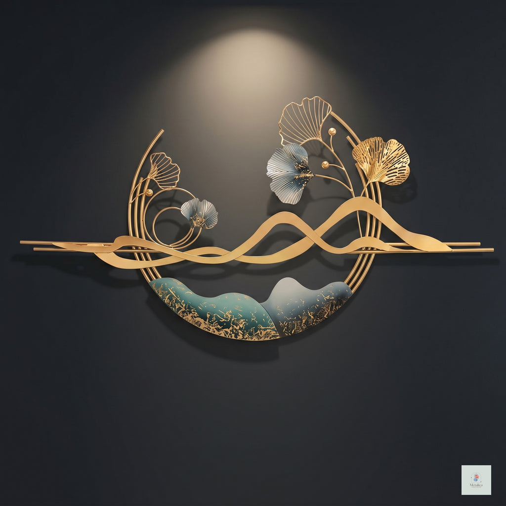 24x48 modern metal circular landscape wall art, gold and teal abstract sculpture with ginkgo leaves and mountain silhouette for living room decor.