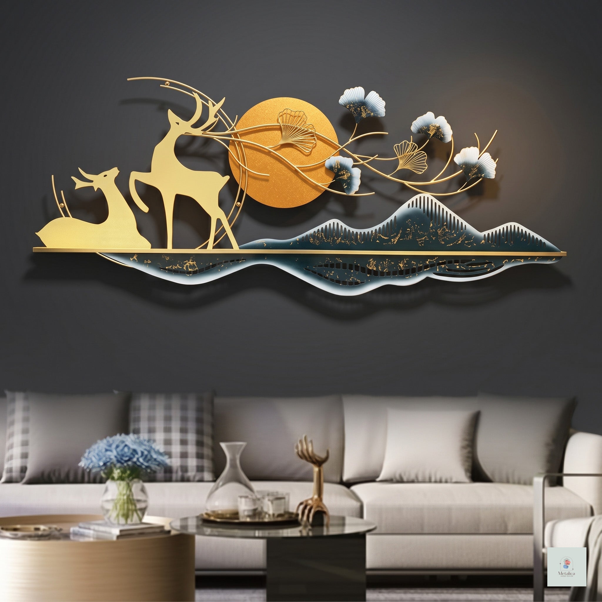 48x24 large modern metal deer landscape wall art, luxury gold and orange mountain sculpture for living room decor.