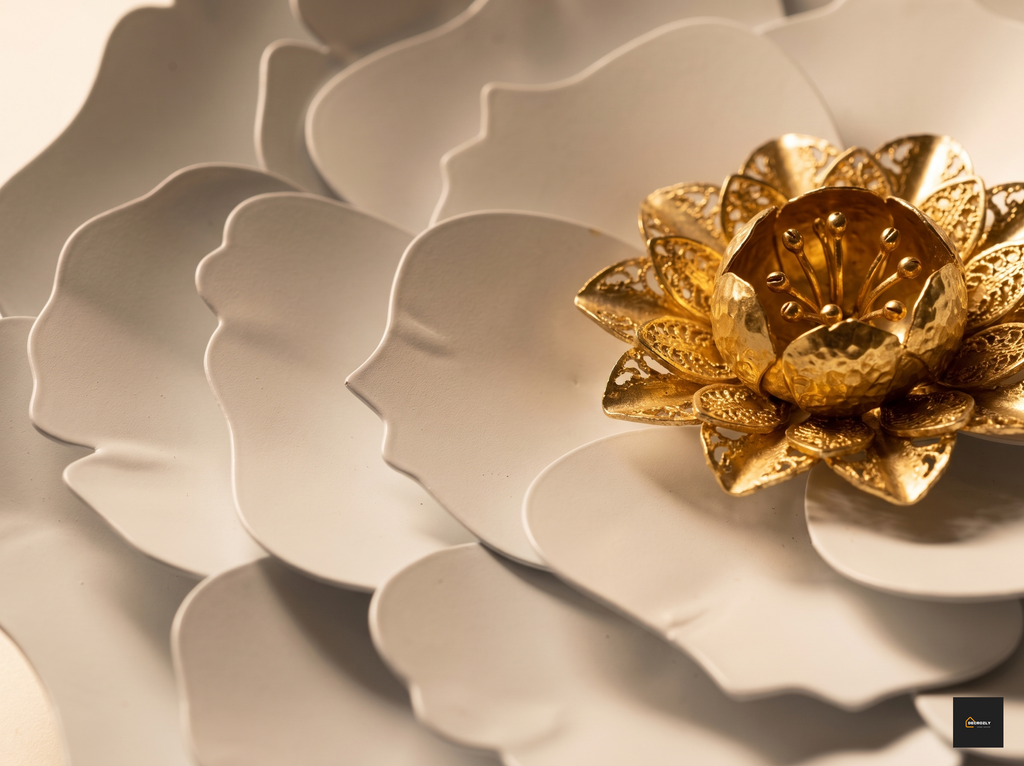 White & Gold Metal Rose Wall Art Decor | 2x4 Ft (60x120 cm) 3D Layered Floral Wall Sculpture | Ivory Peony Flower & Gold Leaf Wall Hanging for Living Room, Bedroom & Entryway | Geometric | Nature |