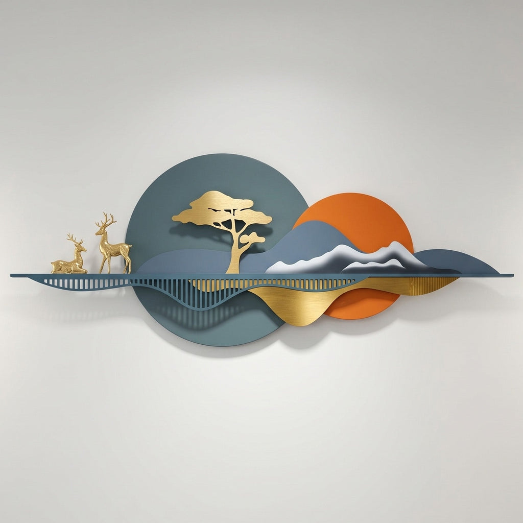 48x24 modern metal deer landscape wall art, abstract mountain and sunset sculpture with gold deer and tree for living room decor.