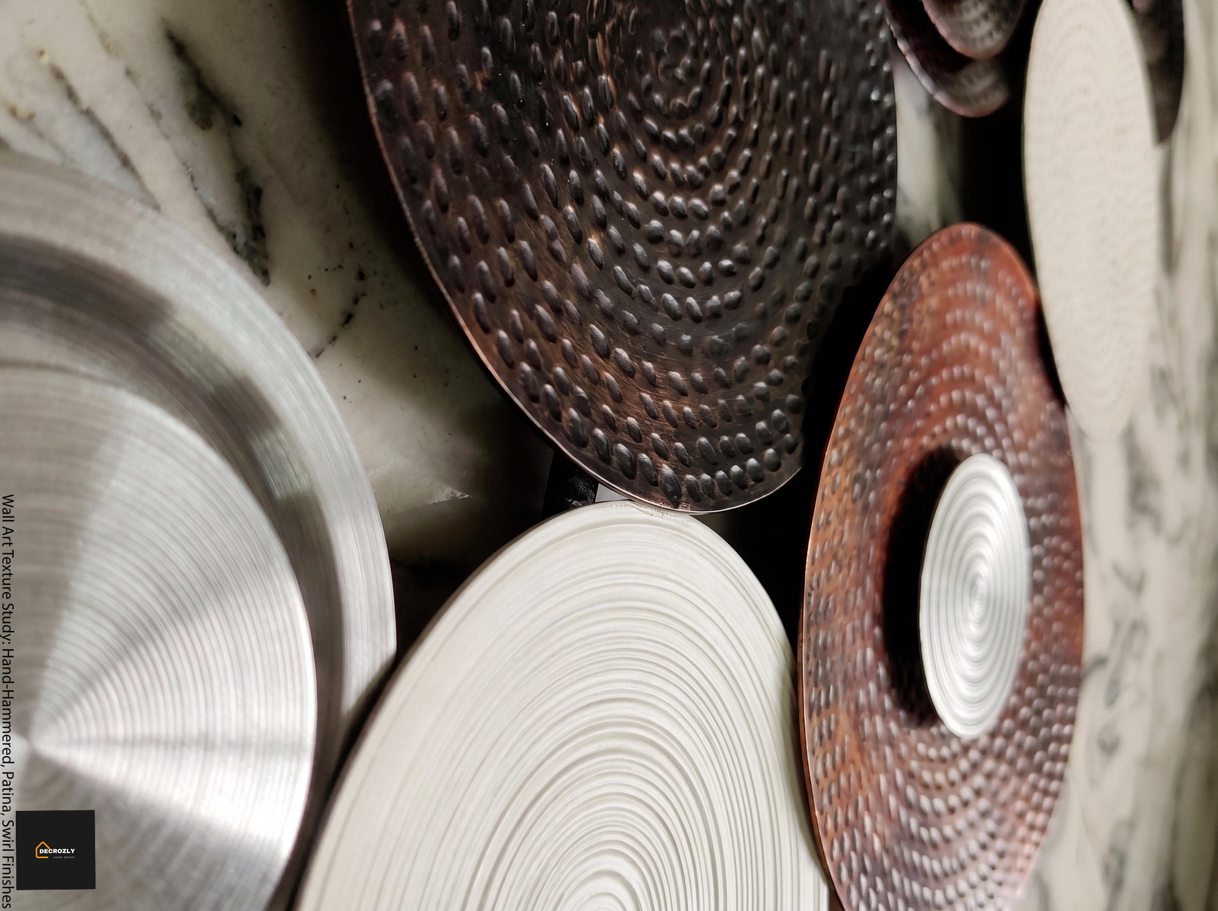 Collection of round metal wall art pieces with various finishes on a marble surface.