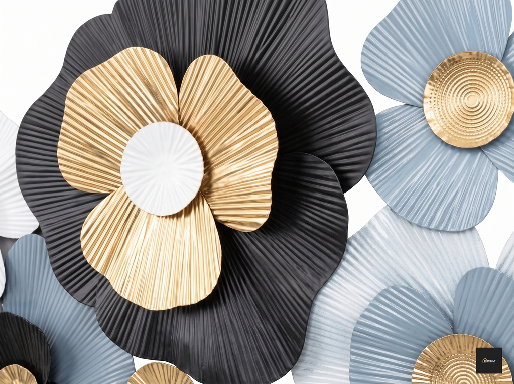 Multi-Tone Metal Flower Wall Art Decor | 2x4 Ft (60x120 cm) 3D Floral Wall Sculpture | Black, Grey, White & Gold Botanical Wall Hanging for Living Room, Bedroom & Entryway | Geometcir | Nature |