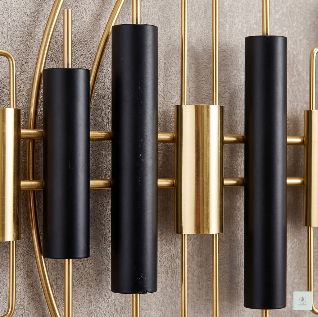 28x48 modern geometric metal wall art, abstract black and gold equalizer-style sculpture for living room decor.