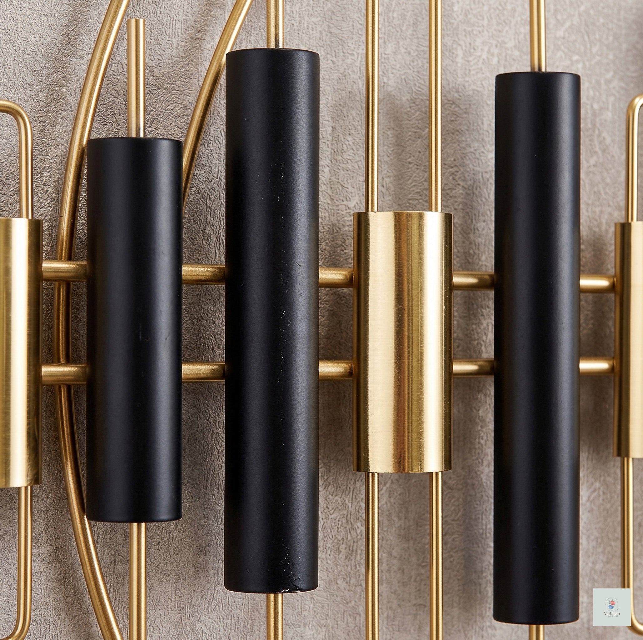 28x48 modern geometric metal wall art, abstract black and gold equalizer-style sculpture for living room decor.
