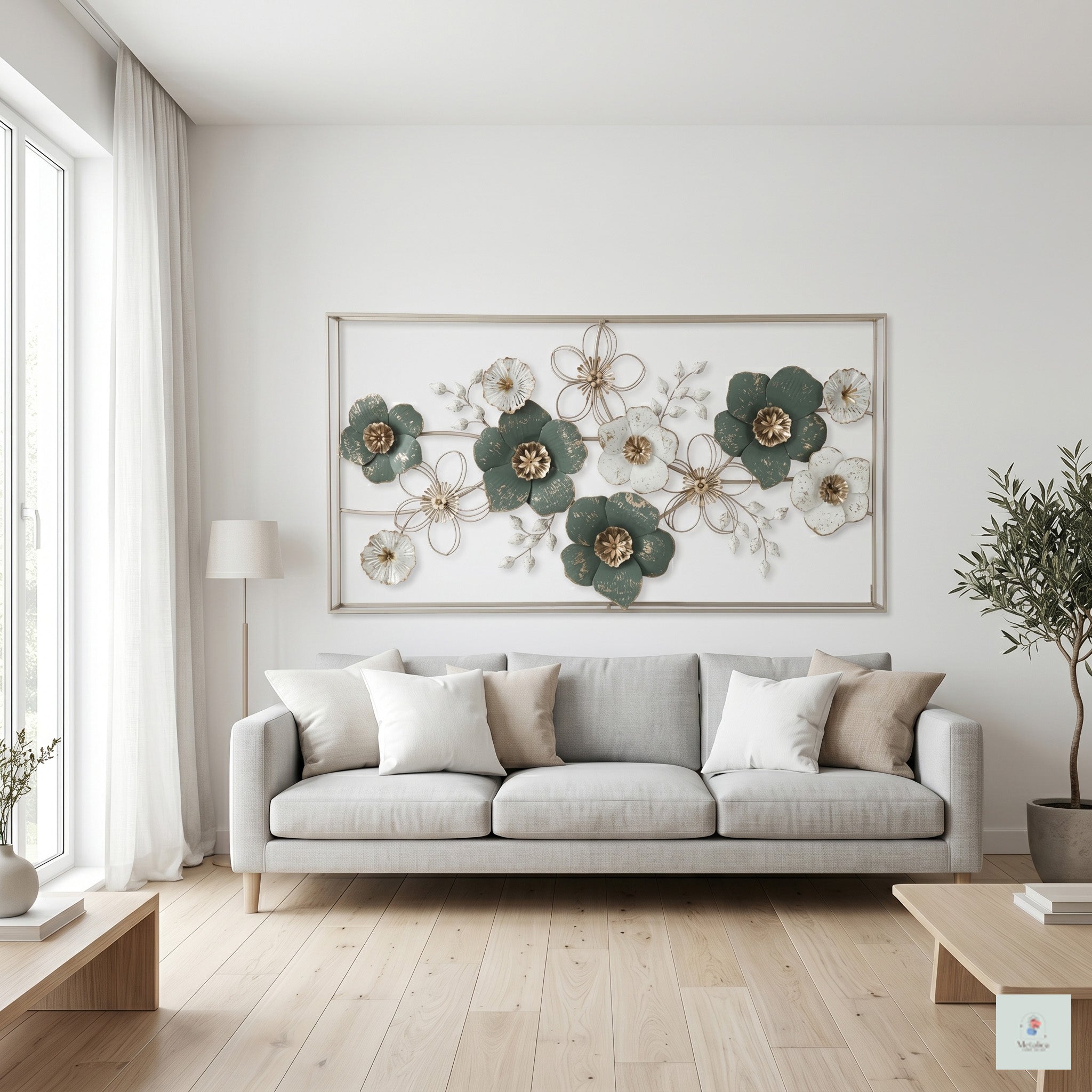 Large floral metal wall art, 25x50 inch botanical sculpture with green and white flowers for living room decor.