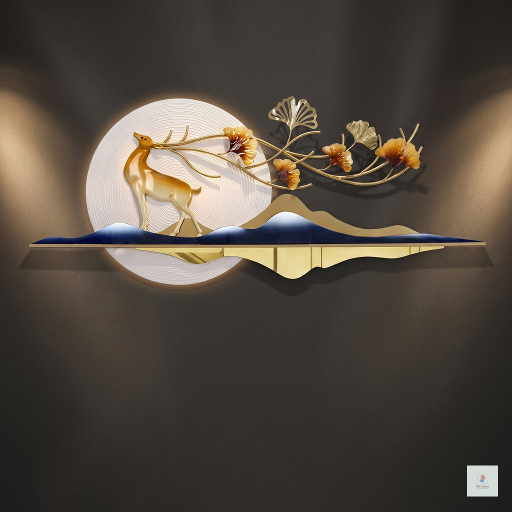 Modern metal deer landscape wall art, 44x18 inch nature-inspired sculpture with gold and blue accents for living room decor.