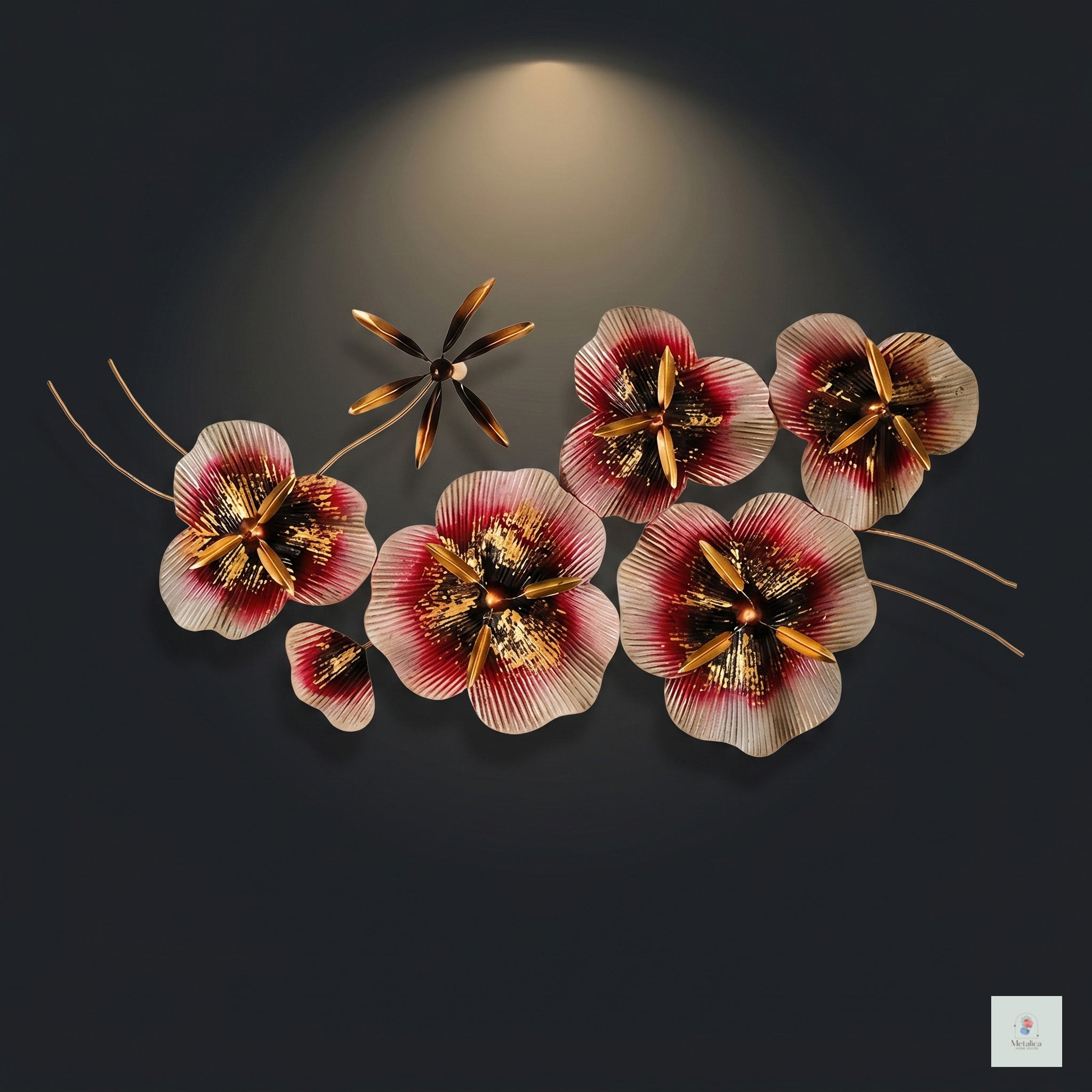 48x24 modern metal floral wall art, vibrant red and gold bloom sculpture for living room decor.
