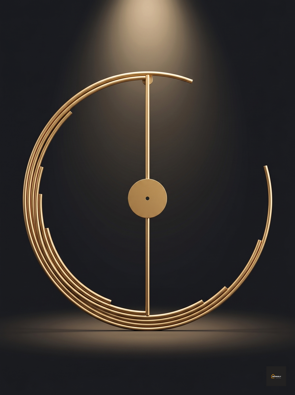 Gold circular metal wall art decorative item on a dark background