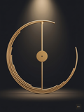 Gold circular metal wall art decorative item on a dark background