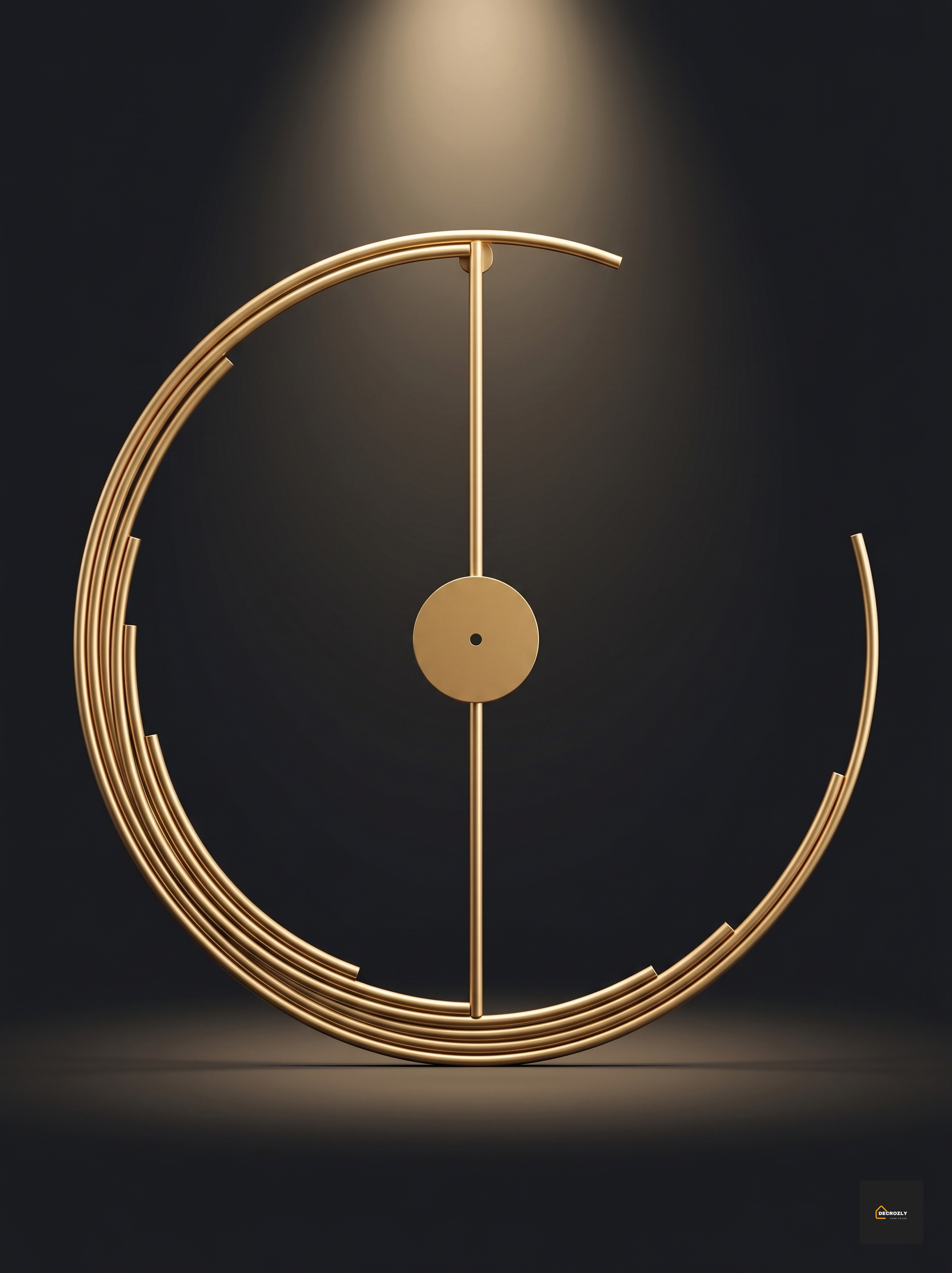 Gold circular metal wall art decorative item on a dark background