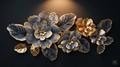 Decorative wall art with metallic flowers on a dark background