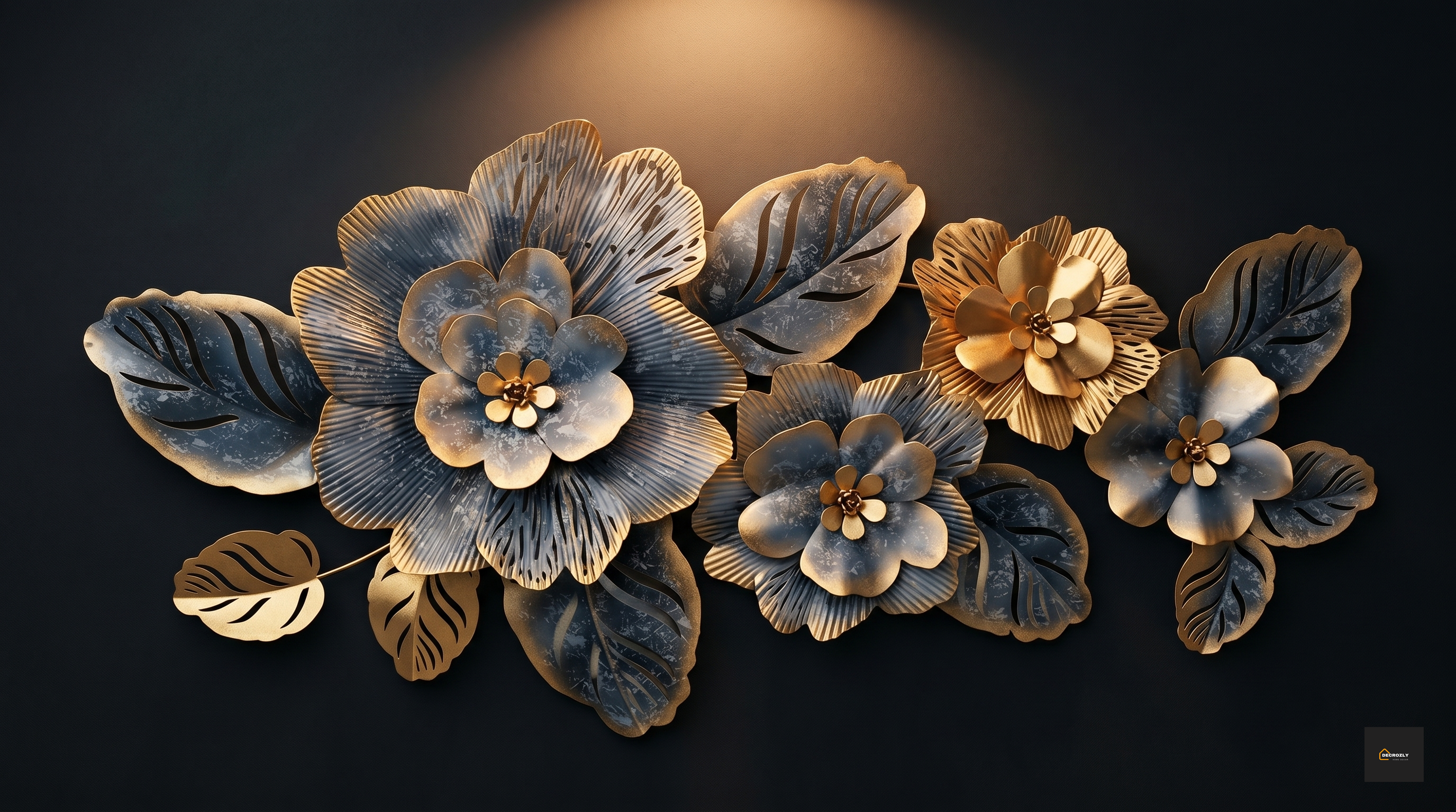 Decorative wall art with metallic flowers on a dark background