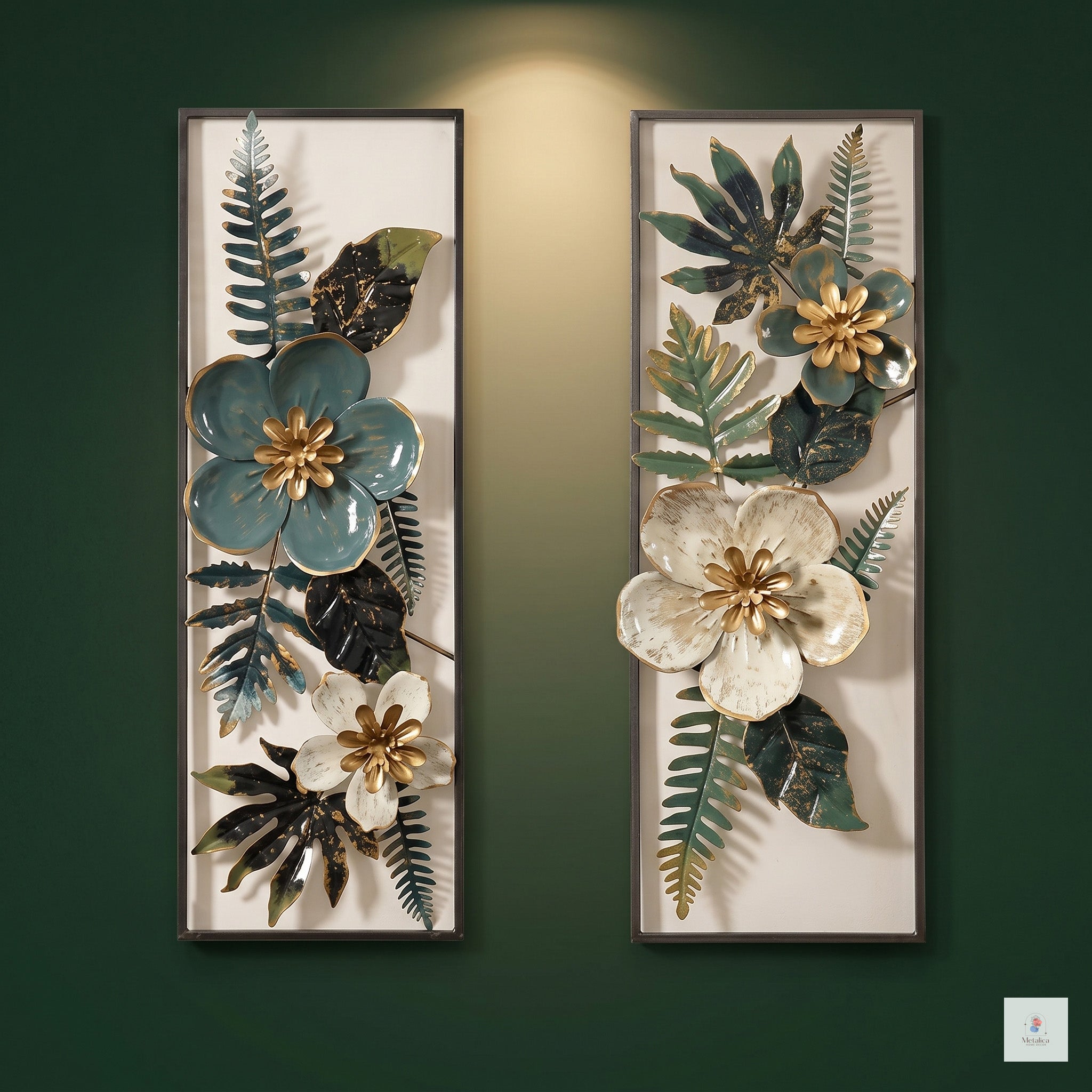 2-piece modern metal floral wall art set, 24x21 inch botanical sculpture with teal, cream, and gold flowers for living room decor.