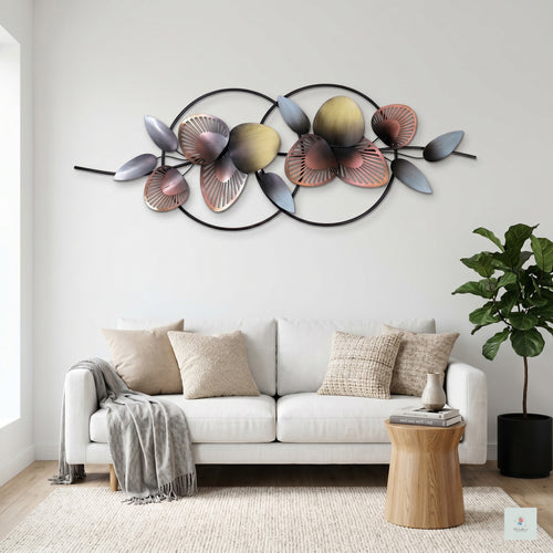 20x42 modern metal circular leaf wall art, copper and bronze abstract sculpture with overlapping frames for living room decor.