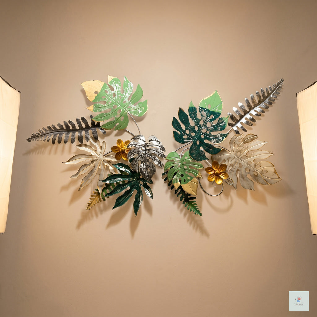 28x52 large tropical metal wall art, botanical Monstera and fern leaf sculpture in green, gold, and silver for bedroom and living room decor.