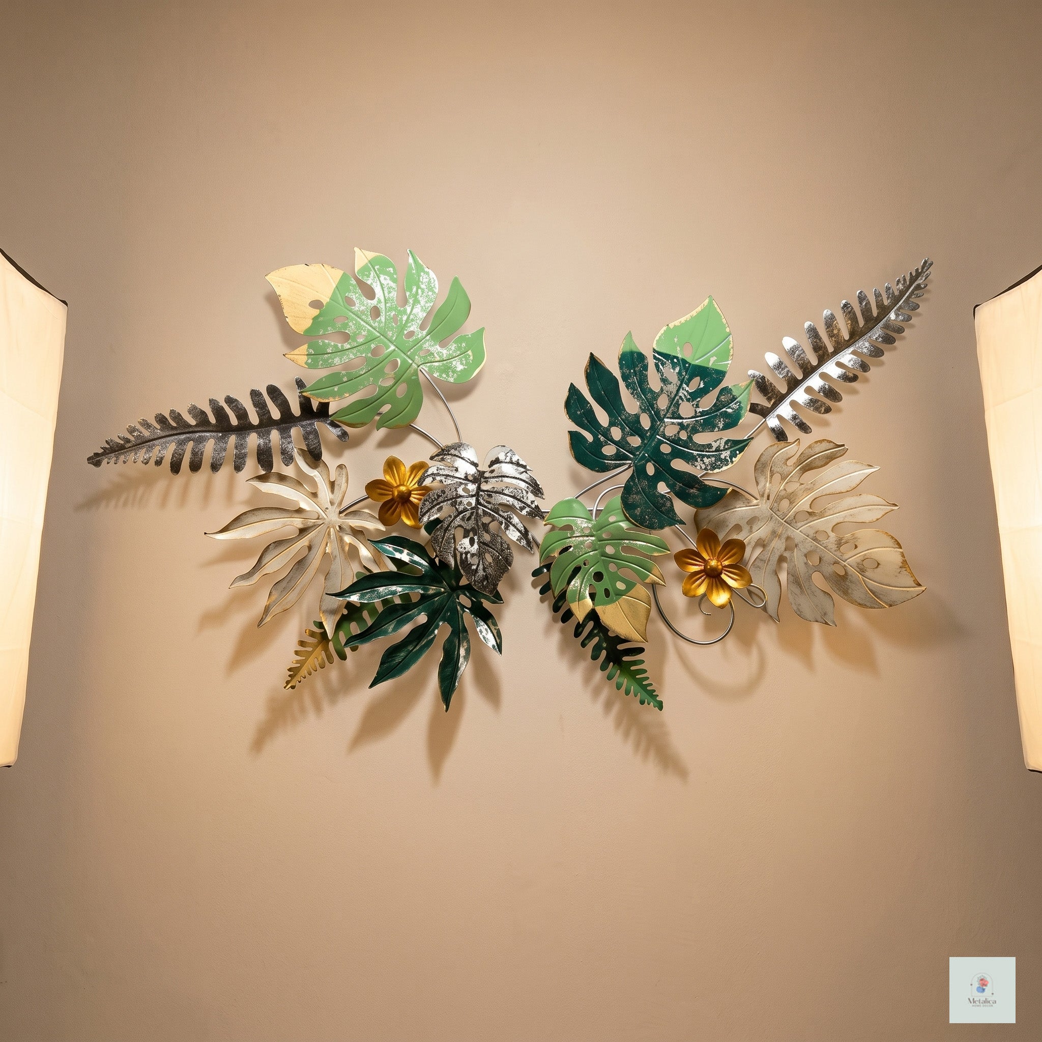 28x52 large tropical metal wall art, botanical Monstera and fern leaf sculpture in green, gold, and silver for bedroom and living room decor.