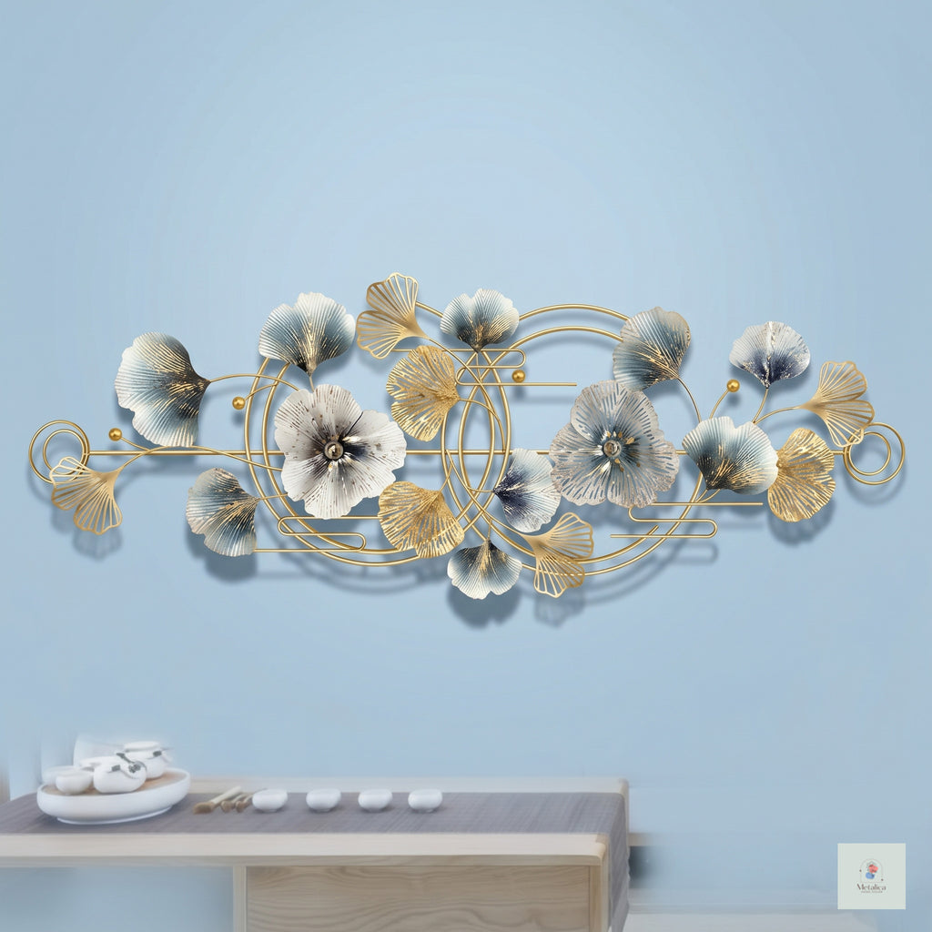 28x24 modern metal ginkgo and floral wall art, luxury gold and blue abstract sculpture for living room decor.