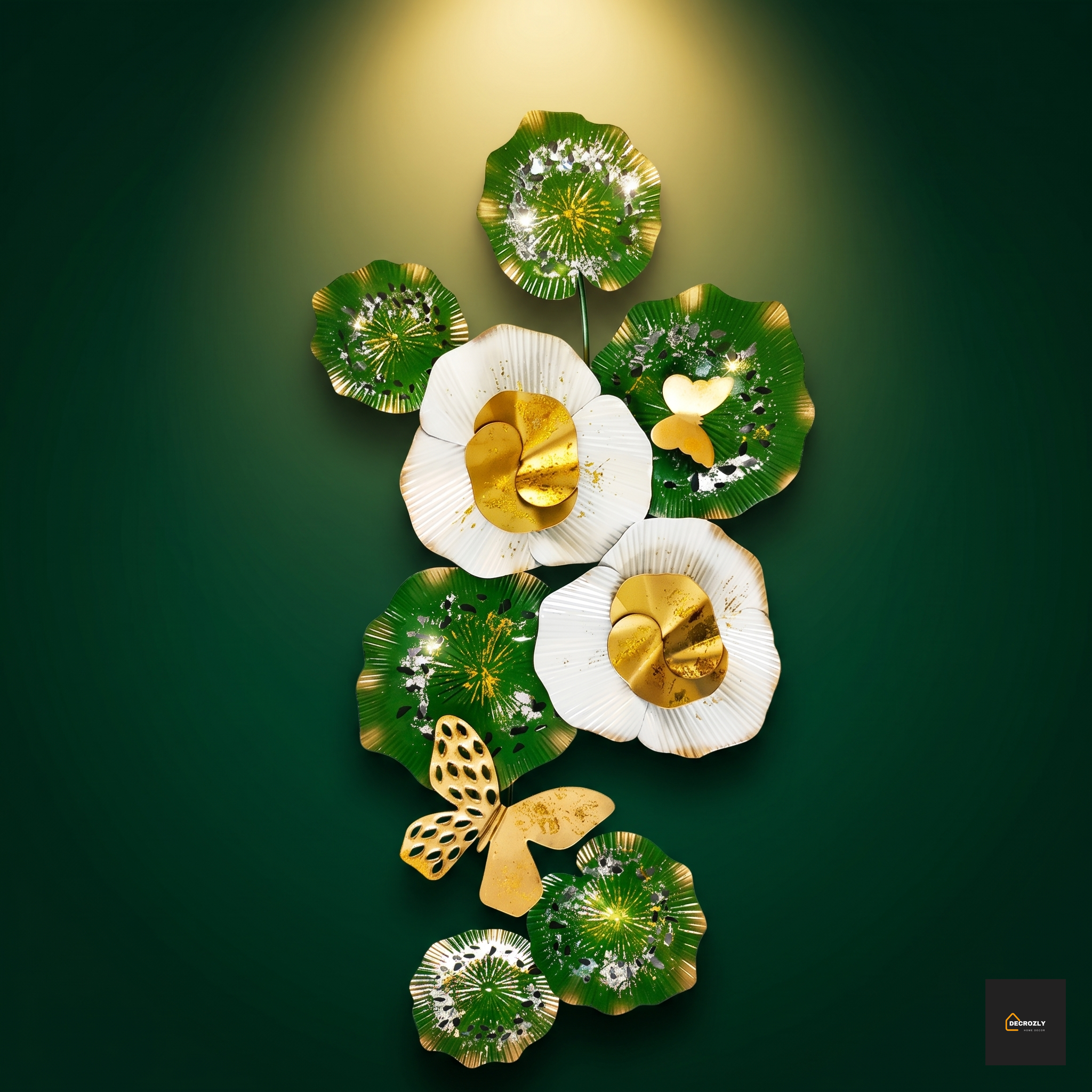 Decorative wall art with flowers and a butterfly on a green background