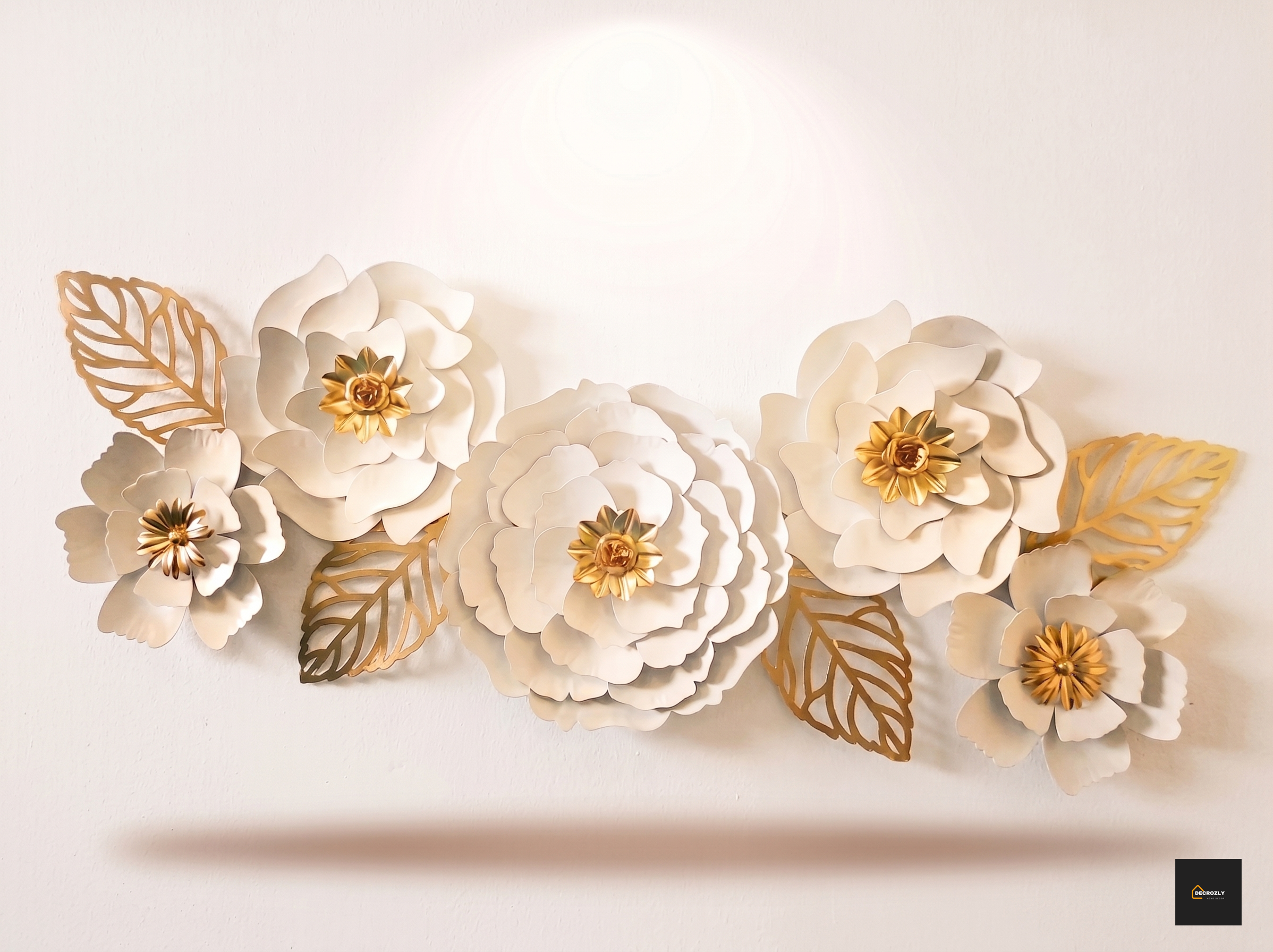 White & Gold Metal Rose Wall Art Decor | 2x4 Ft (60x120 cm) 3D Layered Floral Wall Sculpture | Ivory Peony Flower & Gold Leaf Wall Hanging for Living Room, Bedroom & Entryway | Geometric | Nature |