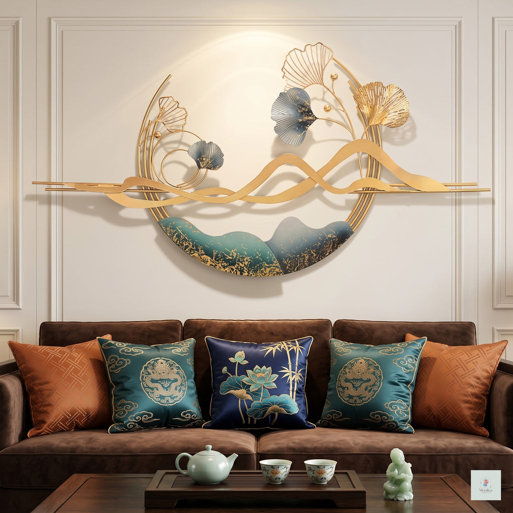 24x48 modern metal circular landscape wall art, gold and teal abstract sculpture with ginkgo leaves and mountain silhouette for living room decor.