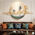 24x48 modern metal circular landscape wall art, gold and teal abstract sculpture with ginkgo leaves and mountain silhouette for living room decor.