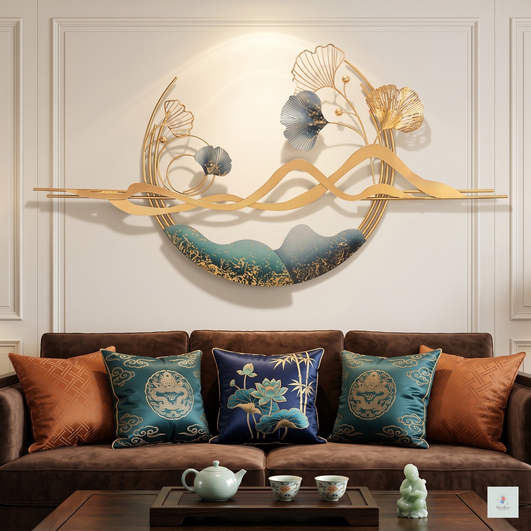24x48 modern metal circular landscape wall art, gold and teal abstract sculpture with ginkgo leaves and mountain silhouette for living room decor.