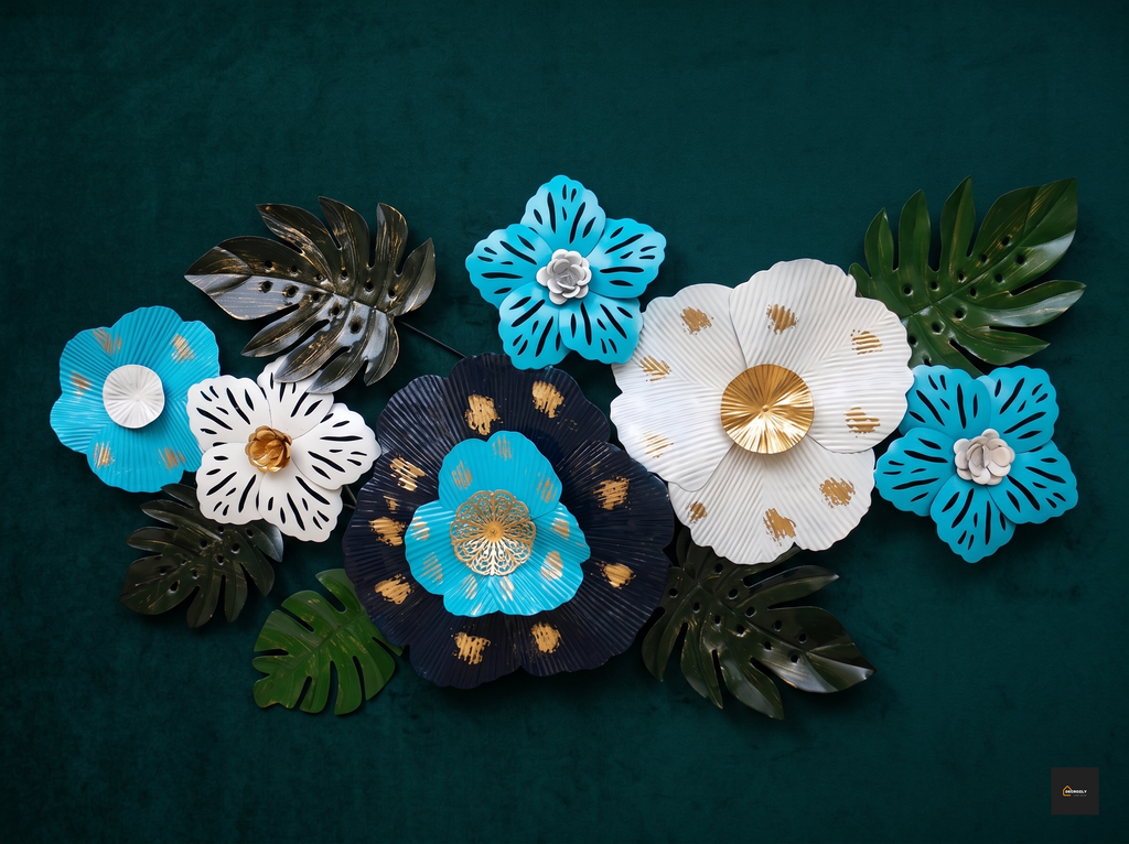 Decorative flowers with gold accents on a dark green background